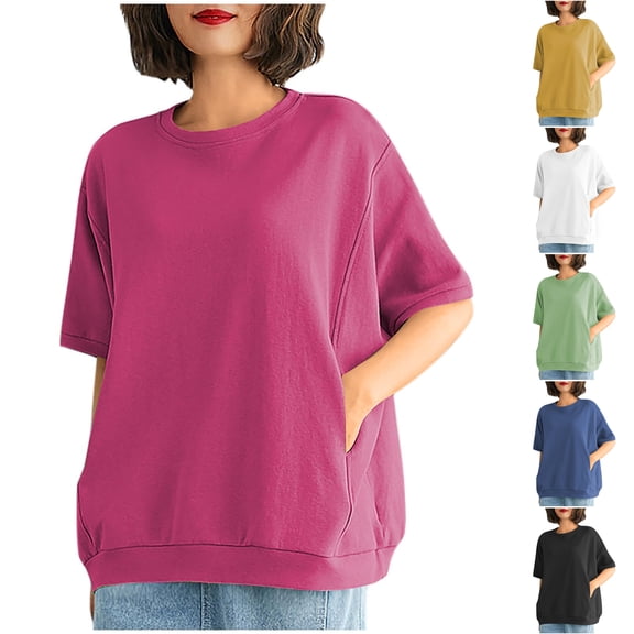 LNZGNM Sweatshirts for Women Short Sleeve Crew Neck Oversized Pullover Everyday Simple Top Daily Summer Casual,Blue(M)