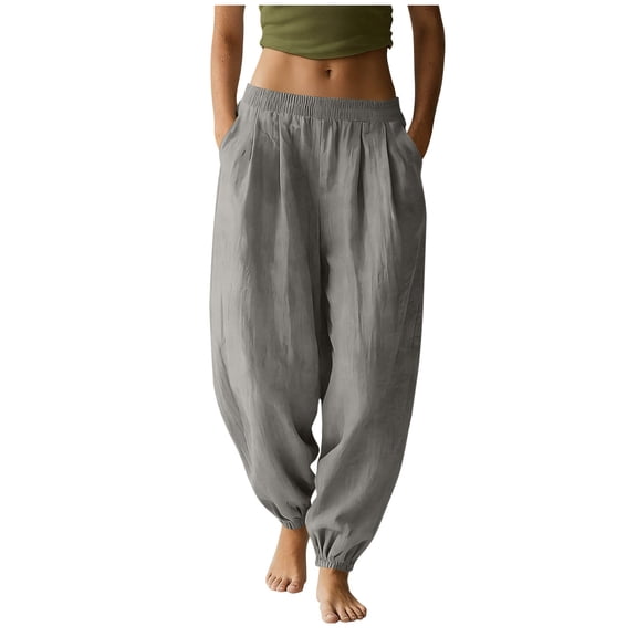 Linen Harem Pants for Women with Pockets Solid Color Elastic Waist Summer Lightweight Trouser Beach Lounge (XL, Gray)