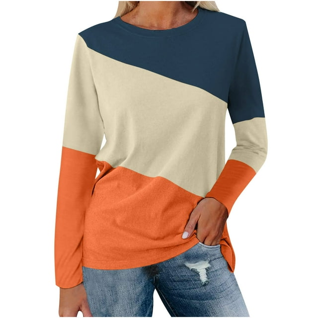 vdgthytj Hauts Grande Taille pour Femmes Manches Longues Décontractées Tuniques Col Rond Mode Automne T-Shirts Amples à Blocs de Couleur