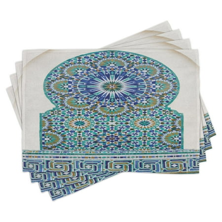 

Moroccan Placemats Set of 4 Ceramic Tile Antique East Pattern Heritage Architecture Print Washable Fabric Place Mats for Dining Room Kitchen Table Decor Blue Turquoise Pale Coffee by Ambesonne