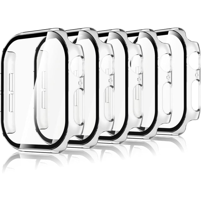 5 Piezas Funda con Protector Pantalla Compatible con Apple Watch Series 11/Series 10 42mm, PC Carcasa HD Cristal Templado Protector Ultra-Thin Anti-Rasguños, Claro, Negro, Verde, Plata, Rosa