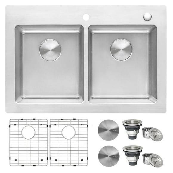 Ruvati 33 x 22 inch Topmount Kitchen Sink – 50/50 Double Bowl Kitchen Sink, 16 Gauge T-304 Stainless Steel Kitchen Sink, Drop-in Sink, Brushed Finish – RVM5150