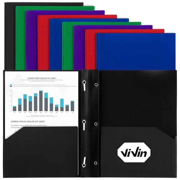 Vivin 10-Pack Plastic Folders with 3 Prongs and 2 Pockets, Assorted Color Lighting Pattern