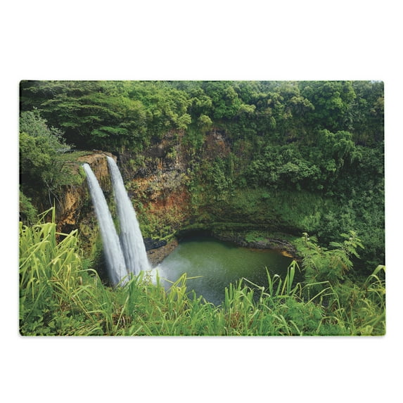 Landscape Cutting Board, Majestic Twin Wailua Waterfalls Kauai Hawai Greenery Forest Grass Nature Scenic View, Decorative Tempered Glass Cutting and Serving Board, Large Size, Green, by Ambesonne