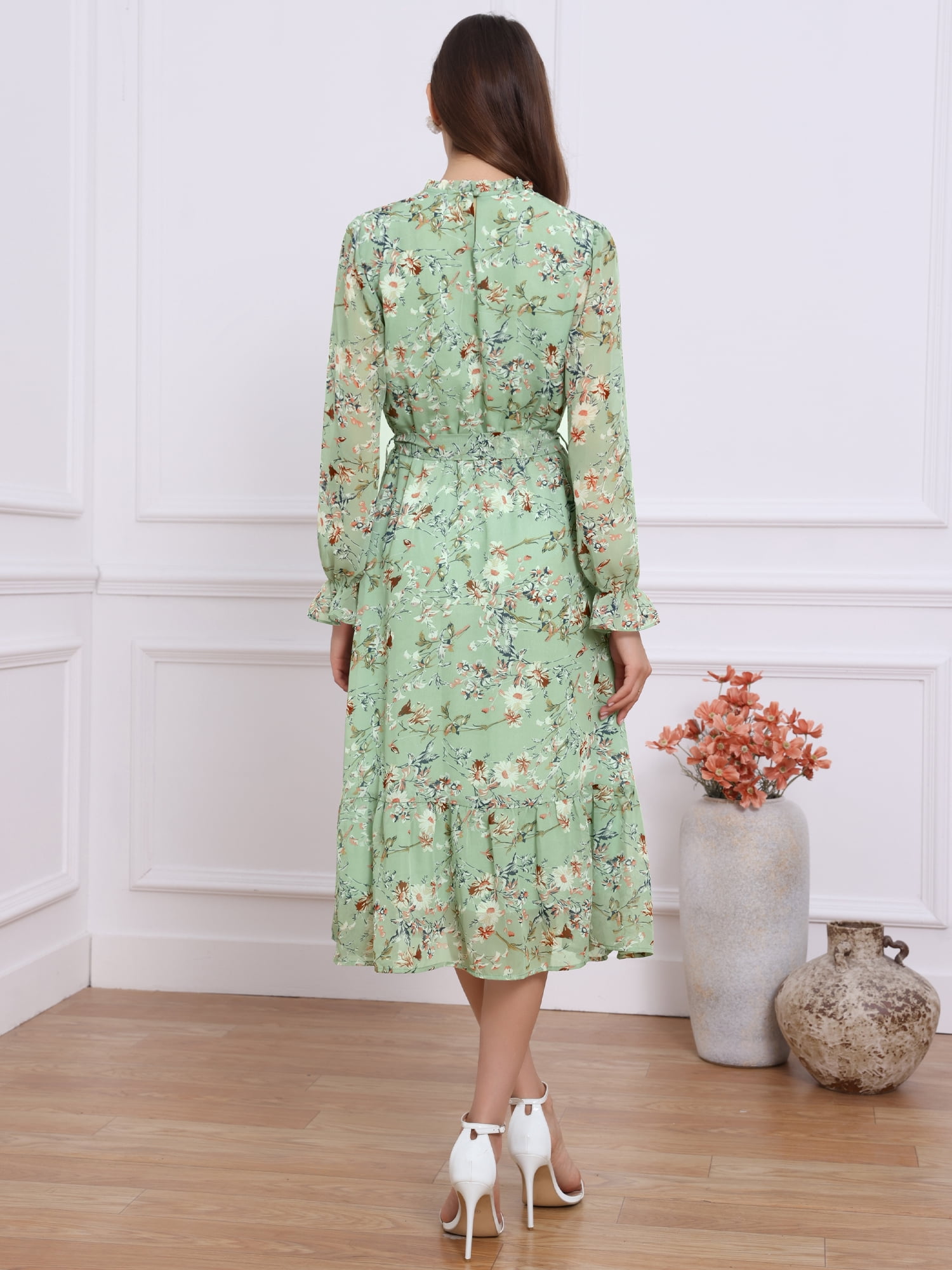 DARING DIVA Fall Floral Long Sleeve Chiffon Midi Dress M Grey Green