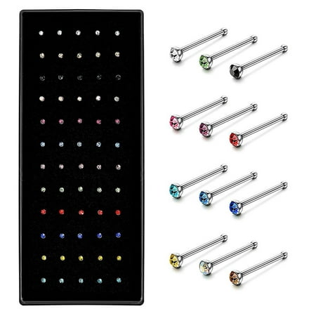 KABOER 60pcs/Set Crystal Rhinestone Nose Ring Fashion Body Jewelry Nose Studs Stainless Surgical Nose Piercing Stud