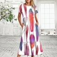 thumbnail image 1 of Qiopertar Robe d'Été Décontractée à Manches Courtes Col Rond Robe Maxi Fluide à Volants avec Poches Imprimé Plumes Grandes Économies de Vacances! à Moins de 5$ jusqu'à 90 % de Réduction, 1 of 6