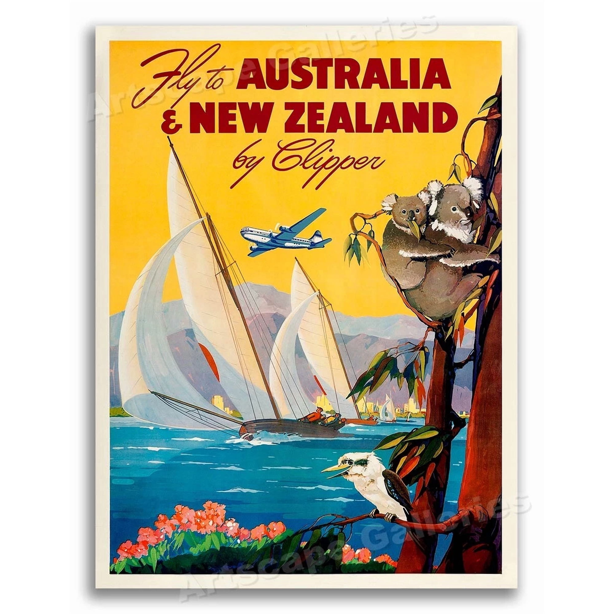 1950S Fly To Australia New Zealand Air Travel Office Poster , Poster Print Only