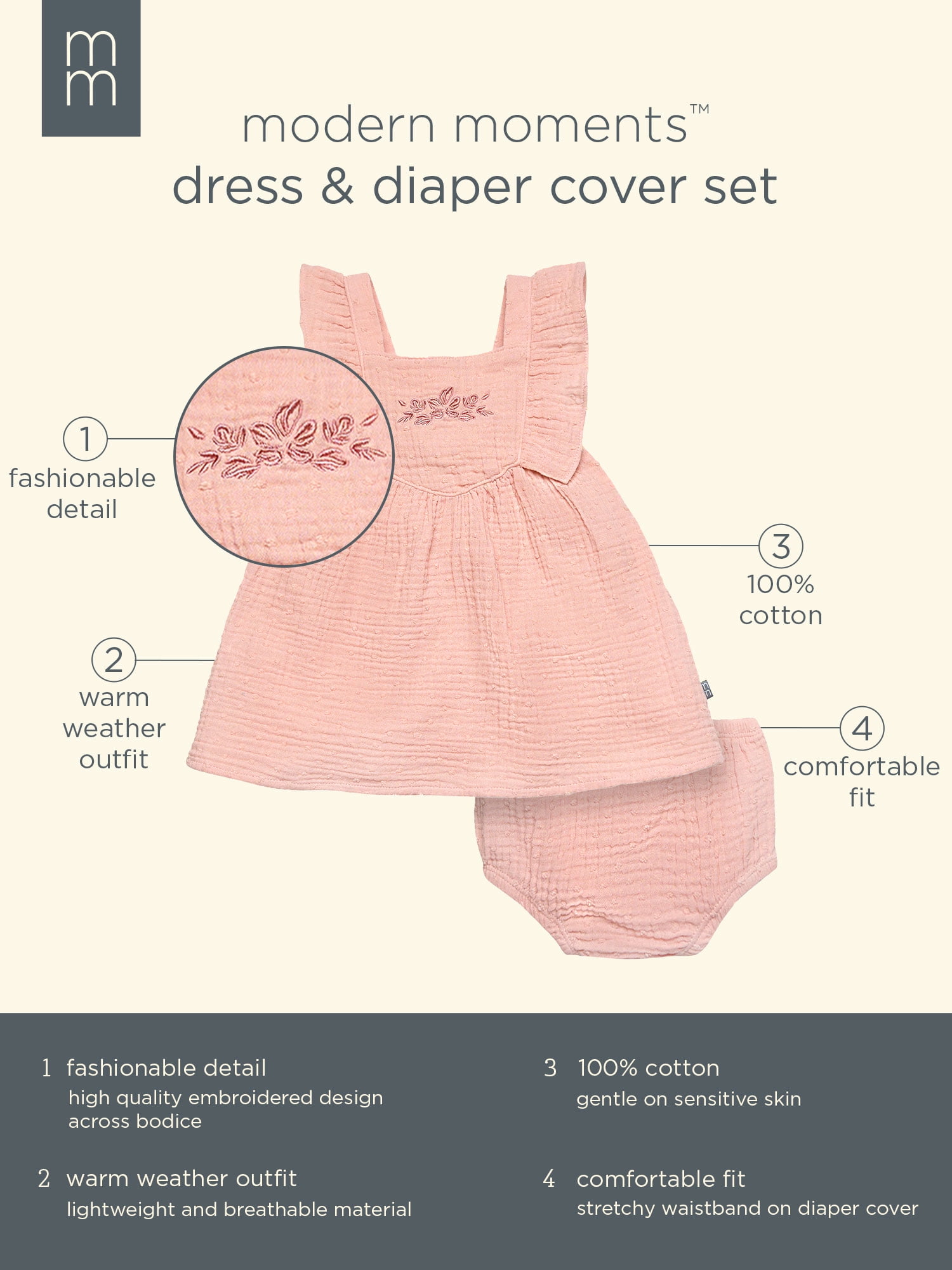 Modern Moments by Gerber Baby Girl Dress With Ruffle Sleeves and Diaper Cover, 2-Piece, Sizes 0/3 Months - 24 Months