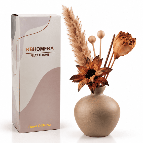 KBHOMFRA Ceramic Vase Reed Diffuser Jasmine Tea Scent, with Dried Flowers. 60ml Aromatic Essential Oil, Decorative Floral for LivingRooms, Bedrooms, and Bathrooms