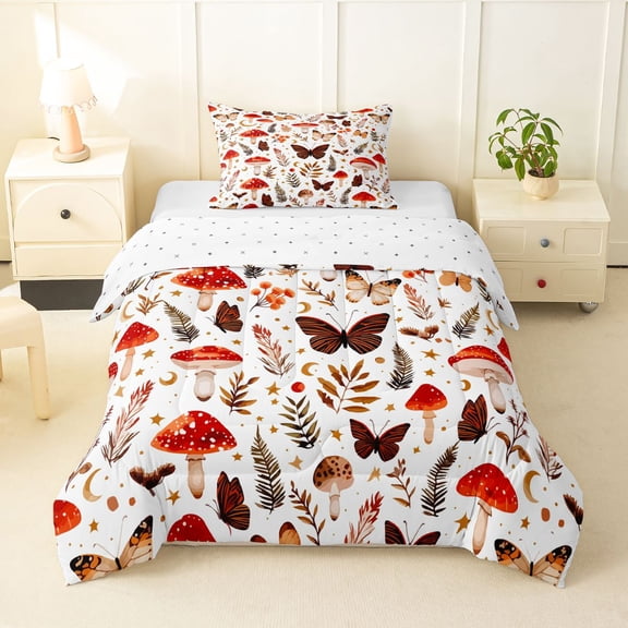 Homewish Dreamy Boho Mushrooms Twin Comforter Sets,Butterfly Floral Bedding Set,White Red,Reversible,2-Piece,1 Comforter and 1 Pillowcase