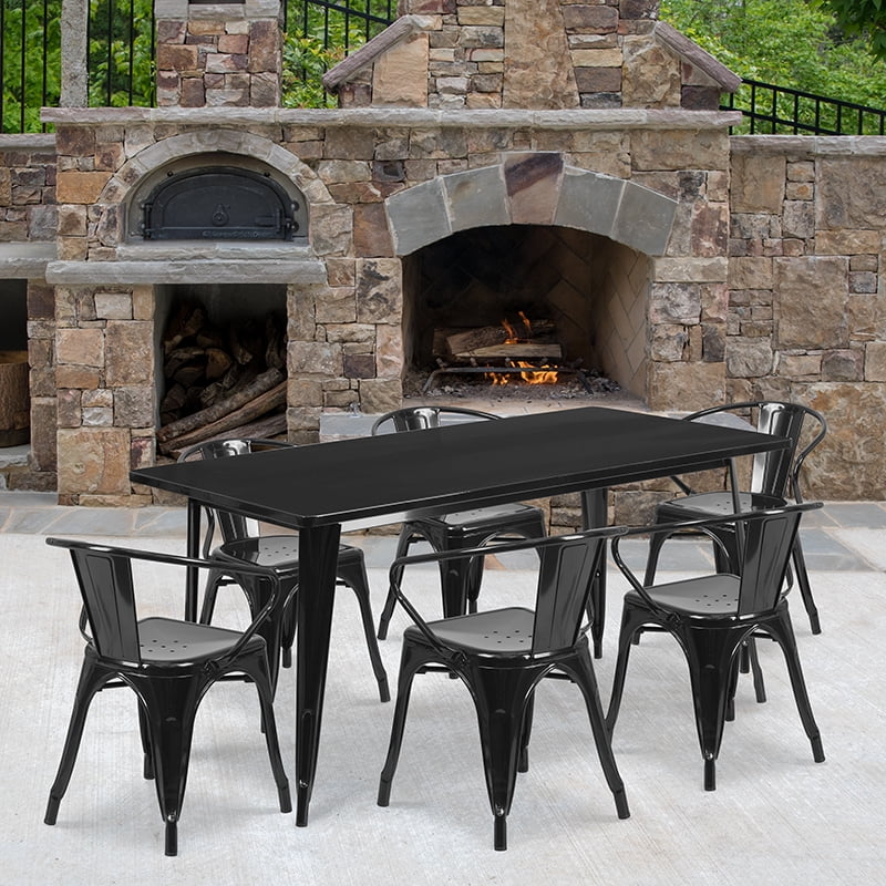 Commercial Grade Rectangular Black Metal IndoorOutdoor Table Set6 Arm Chairs