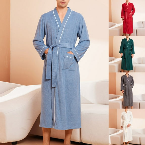 Yaltungu Robes for Men Pajamas Long Sleeve V Neck Loose Soft Casual Spa Bath Robes with Bandage for After Shower