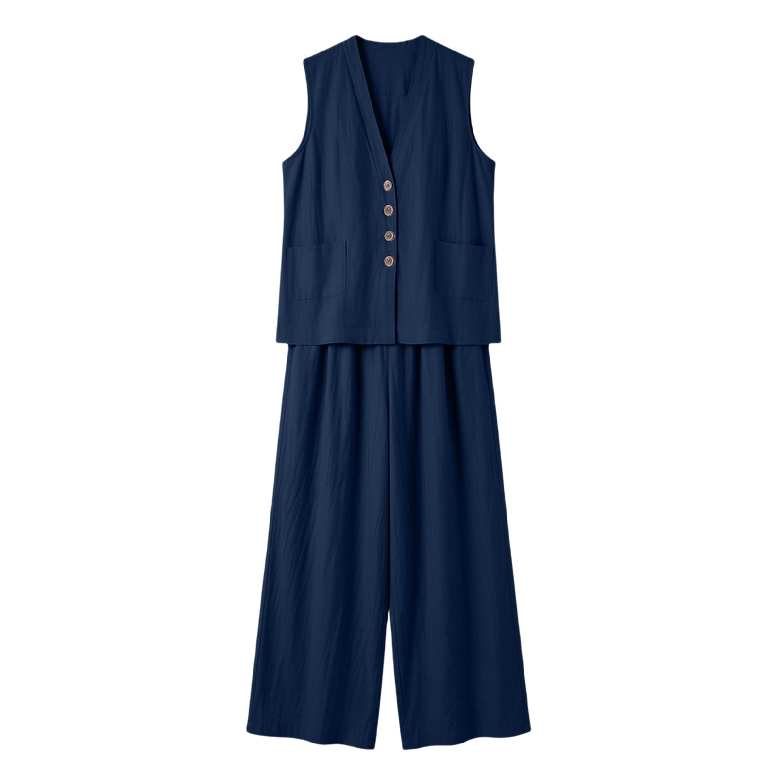 Women's Summer 2 Piece Lounge Set Dressy Sleeveless Button Down V Neck Top & Wide Leg Pants Office Travel Outfits