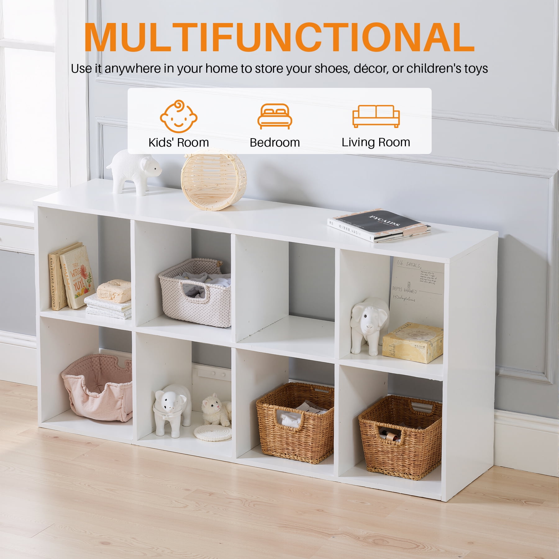 Cube Bookshelf White, 8 Cube Storage Organizer Bookcase, Display Bookcase, TV Stand, for Living Room, Home Office, Bedroom