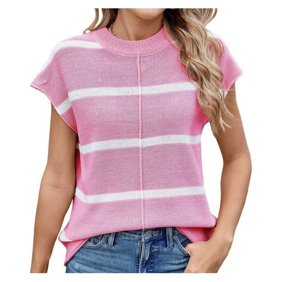 Women Cap Sleeve Tank Tops Striped Crew Neck Casual Loose Fit Spring Summer Pullover Knit Sweater Vest Pink & White S