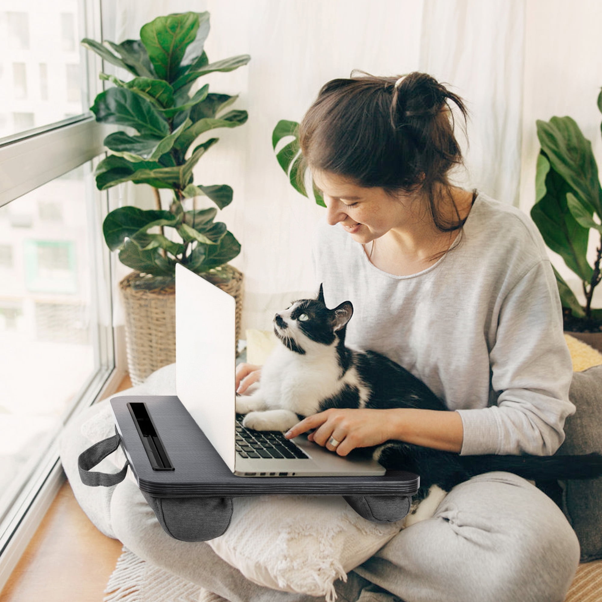 Coliware Portable Lap Desk, 15.7 Laptop Desk with Dual Cushion Wrist Pad Pad Phone Tablet Holder, Computer Pillow Desk Stand for Home Office, Wood Bed Tray Table - Black