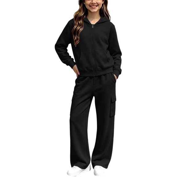 YUNLIUU Girls Sweatsuit Fall Winter Kid Zip Up Hoodie And Cargo Sweatpants Set,120=5-6Years,Black_01
