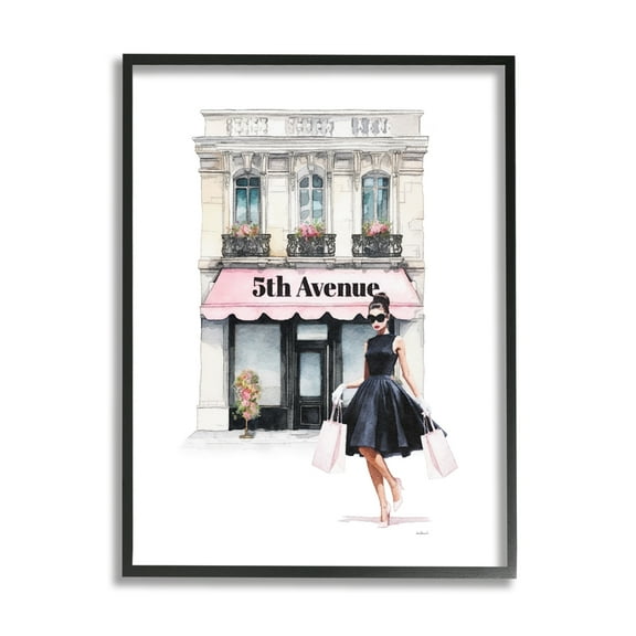 Stupell Industries Female Shopping Architecture Beauty & Fashion Painting Black Framed Art Print Wall Art, 11 x 14