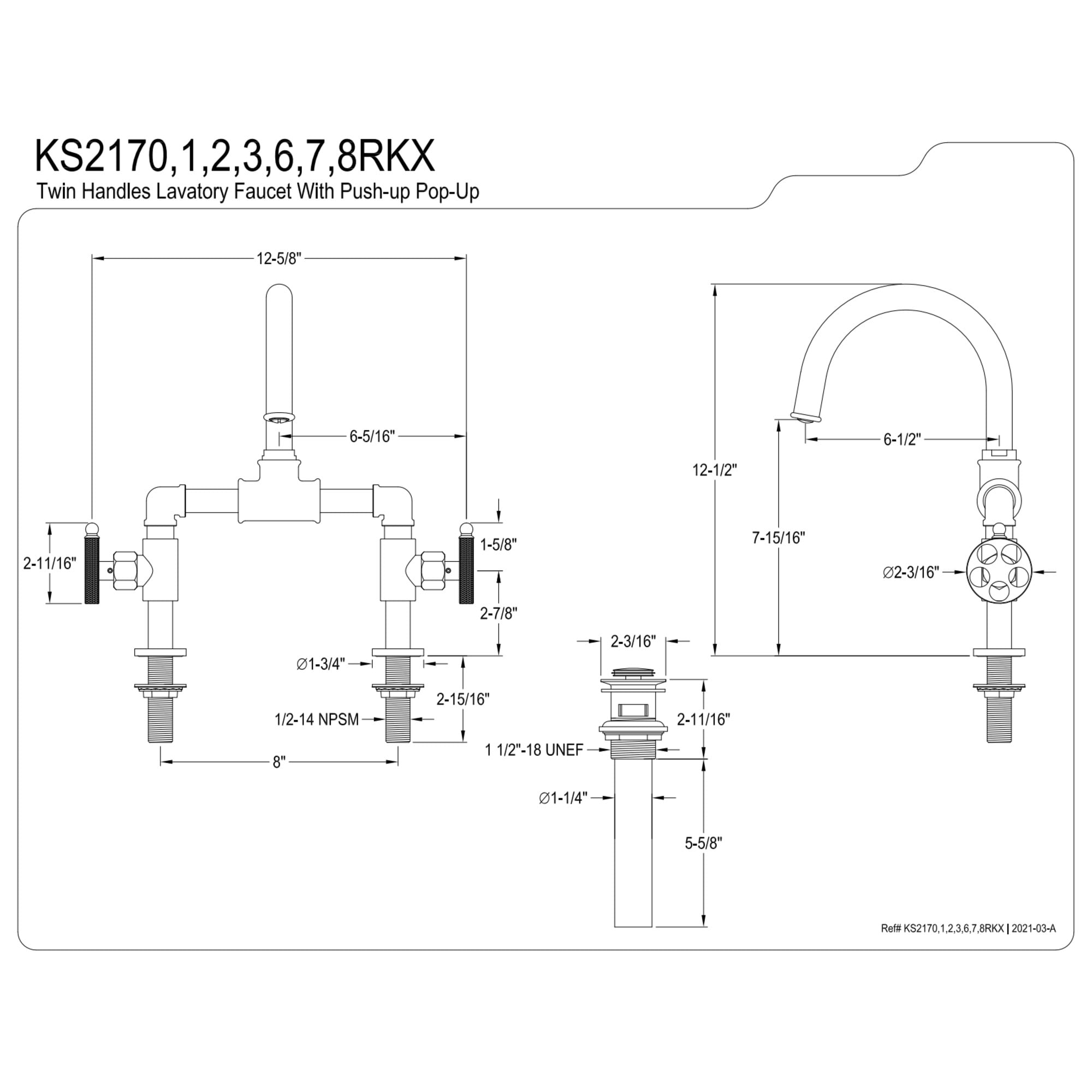 Kingston Brass KS2170RKX Webb Bridge, Matte Black Bathroom Faucet with Knurled Handle and Push Pop-up Drain