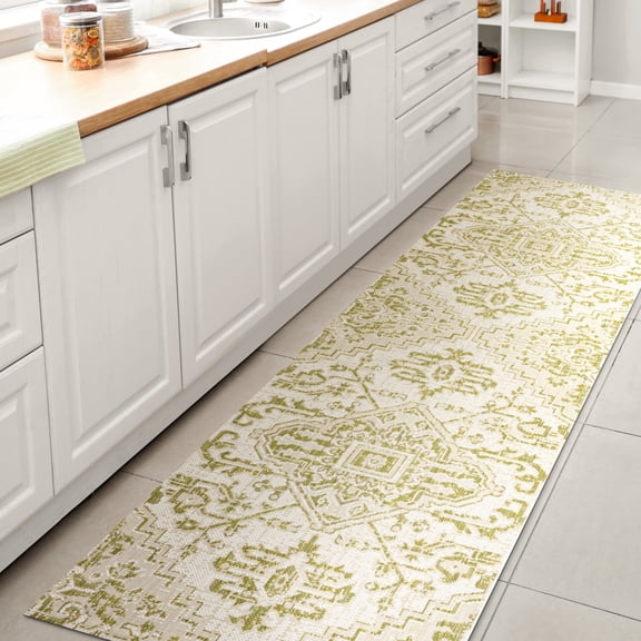 JONATHAN Y SANTA MONICA 2 x 10 Runner Rug, Estrella Bohemian Medallion Textured Weave - Cream/Green, SMB105E-210