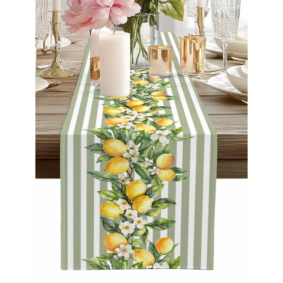 Table Runner Lemon Sage Green Stripes Table Runners Floral Fruit Leaves Cotton Linen Dresser Scarf Kitchen Dining Table Decor for Home Dinner Party Decor 13x36 Inch