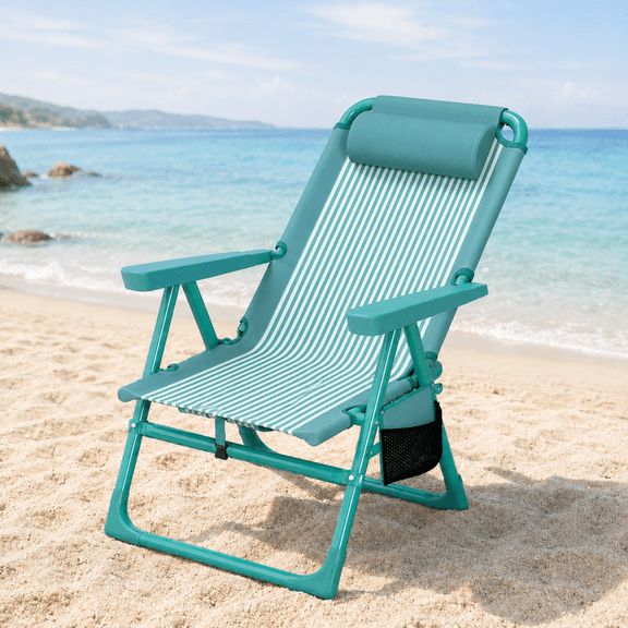 DKMOCO Backpack Beach Chair for Adults, 6-Position Reclining Beach Chair with Cooler & Cup Holder,Light-Weight Foldable Camping Chair for Beach, Camp, Outdoor Green