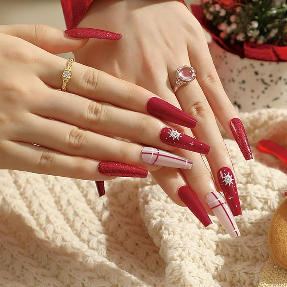 Christmas Press on Nails Long Coffin Fake Nails Red Glitter Press on Nails with Snowflake Design Full Cover Glossy Stick on Nails Shiny Acrylic Nails for Women and Girls Jelly Press on Nails 24 L033