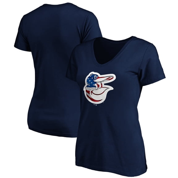 Women's Navy Baltimore Orioles Logo Banner Wave V-Neck T-Shirt
