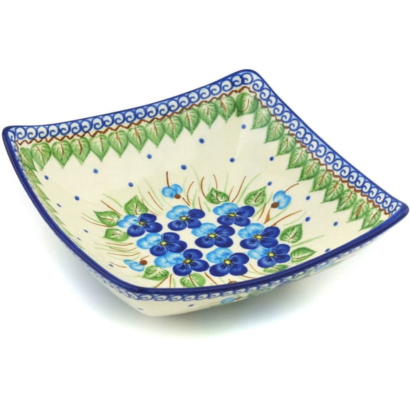 Polish Pottery 7¾-inch Square Bowl (Blue Pansy Theme) Hand Painted in Boleslawiec, Poland   Certificate of Authenticity