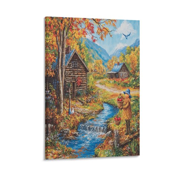 Canvas Prints Autumn Cabin Fall Forest Lake Tree Leaves Scarecrow Living Room Art Fall Harvest Canvas Wall Decor for Bedroom 12x18inch for Office Bedroom Canvas Wall Art Framed Artwork