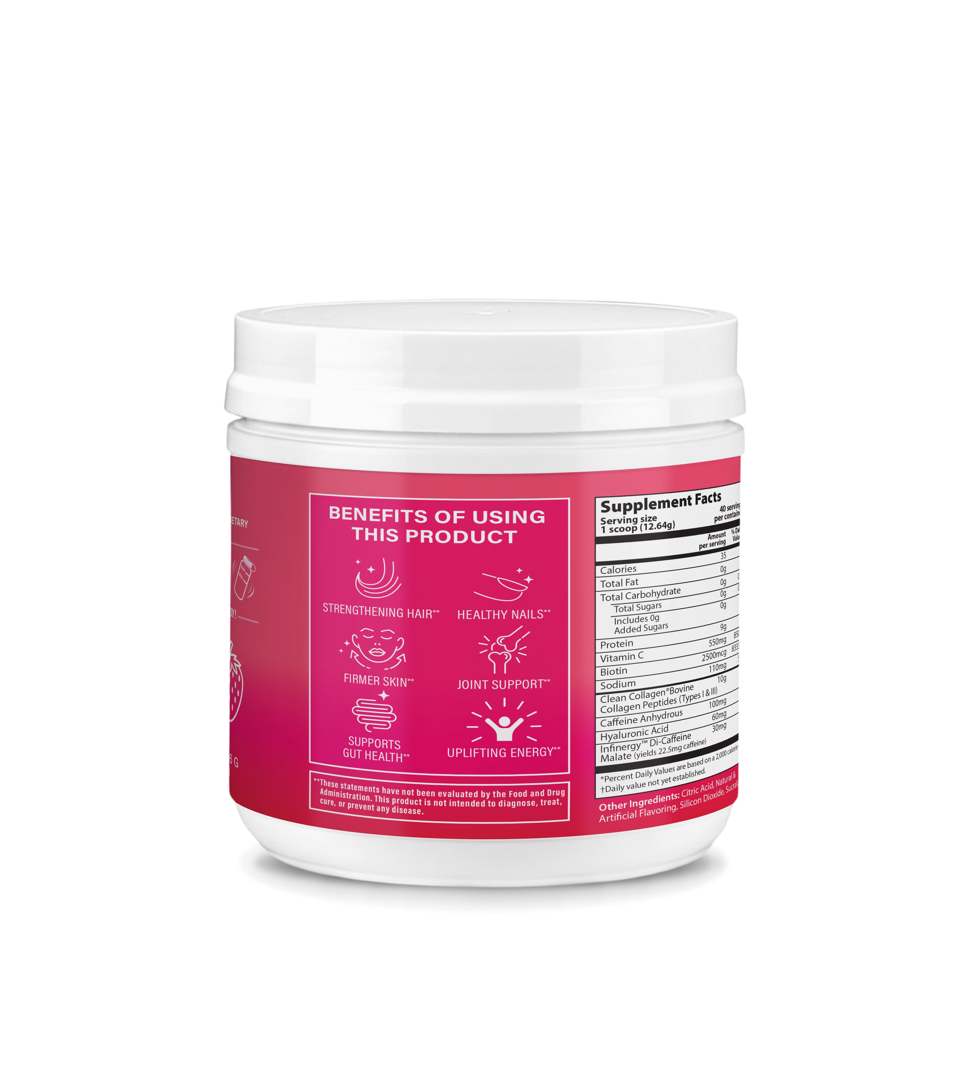 ABOUT YOUR COLLAGEN Peptide Energy Collagen Powder (Bonus Size 40 serv) Hair, Nail, Skin, Type I & III,Caffeine, Vitamin C, Biotin, Hyaluronic Acid, Zero Sugar – 17.84 oz (Strawberry Margarita)