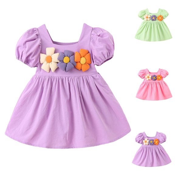 YHAJDS Little Girls Short Sleeve Dress Floral Print Casual Summer Sundress