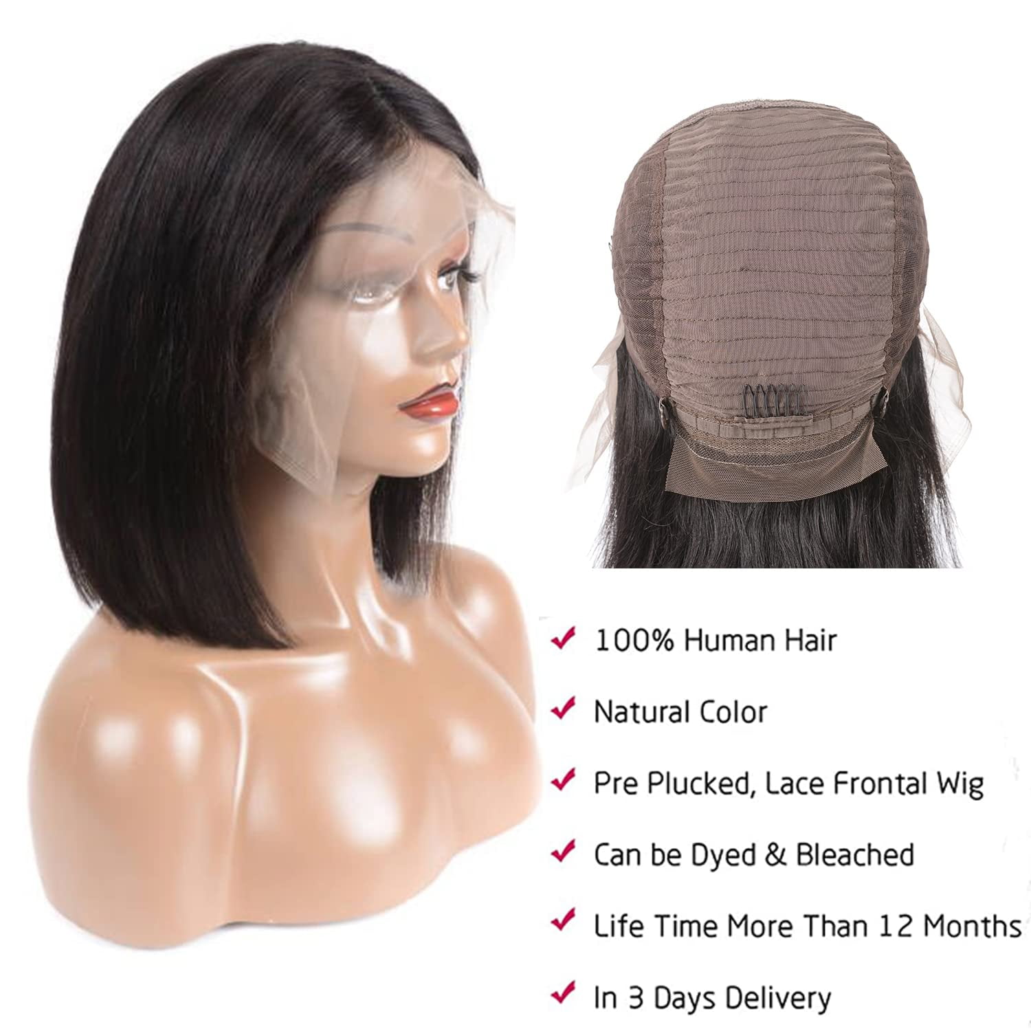 Transparent Lace Front Wigs Human Hair Middle Part Bob Wigs Human Hair 13x6 Lace Front Wigs Straight Human Hair Wigs Short Bob Wigs For Black Women Pre Plucked 150% Density 10Inch