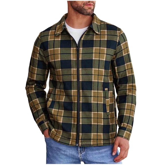 ZUKMRJPC Mens Fleece Jackets Long Sleeve Full Zip Up Stylish Vintage Plaid Warm Shirts Jacket Casual Lightweight Lapel Jacket with Pocket