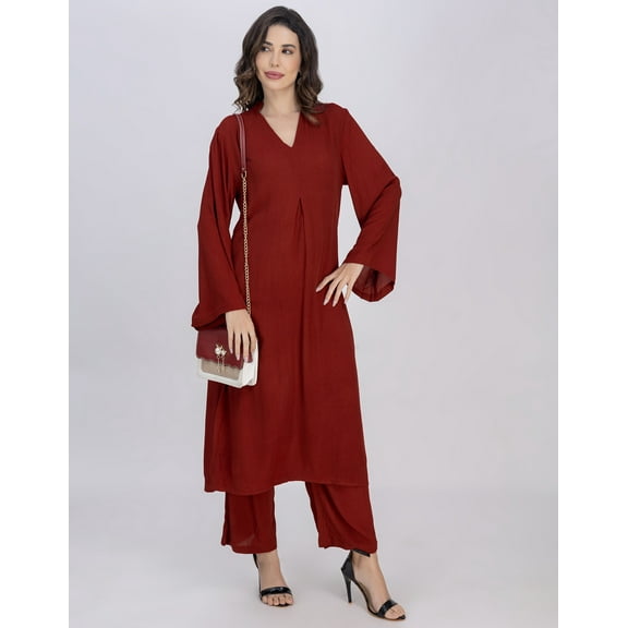 Moomaya Women's Pleated Kurta Palazzo Set | Crinkle Rayon Indo-Western Outfit | Long Bell Sleeve Ethnic Fusion Wear With Pockets - 2-Piece