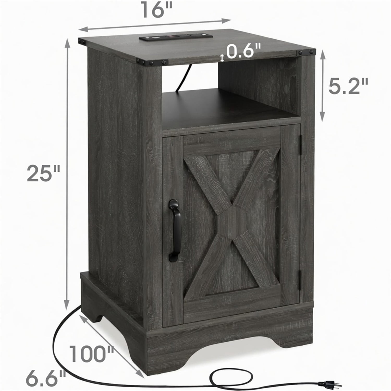 Hommoo 16"W Farmhouse Nightstand Sofa Side Table with Charging Station & Shelf Storage, Dark Gray