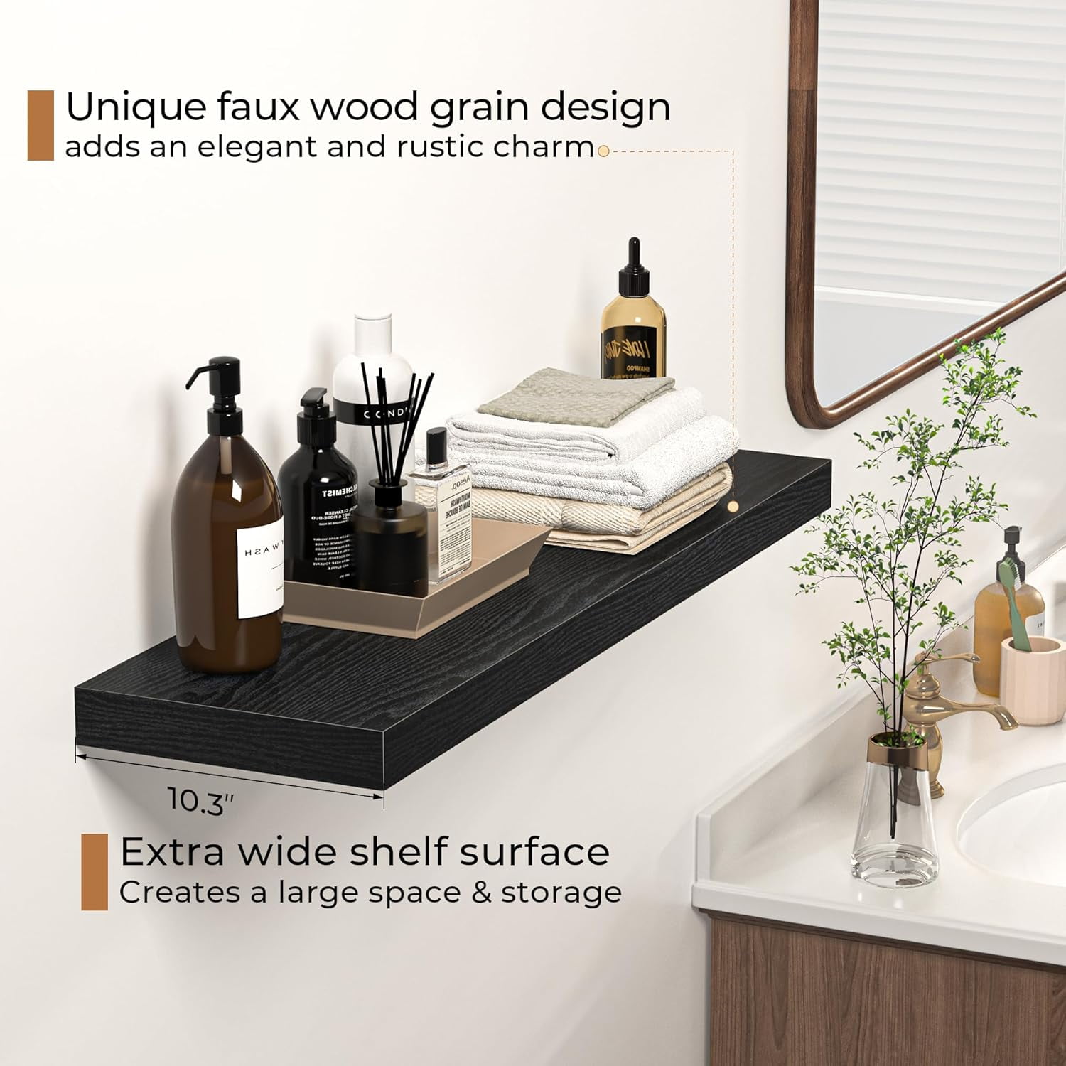 Floating Shelves - 10.23 Inch Deep Wall Shelf for Decor & Storage - Wall Mounted Display Shelving with Invisible Heavy-Duty Metal Bracket - 36" W x 10.23" D x 1.8" H - Set of 1 - Rustic Black