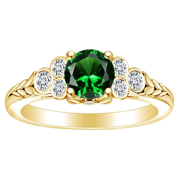 AFFY 1.28 Carat Round Shape Simulated Emerald & Natural Diamond Leaves Engagement Ring 14K Solid Yellow Gold Ring Size-5