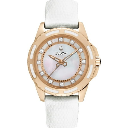 Bulova Womens Inlayed Enamel Stainless Watch - White Leather Strap - White Dial - 98P119