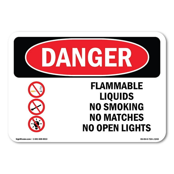 SignMission OS-DS-D-35-L-1243 OSHA Danger Sign - Flammable Liquids No Smoking Matches