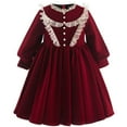 thumbnail image 2 of BRGZLK Girls Red Velvet Dress Girl Solid Color Long Sleeve Vintage Princess Dress Trendy Cute Lace Crew Neck Dresses No Fleece 6-7 Years, 2 of 5