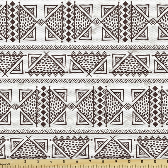Ethnic Fabric by the Yard, Vintage Theme of Oriental Motifs Rustic and Old Concept Drawn by Hand, Decorative Upholstery Fabric for Sofas and Home Accents, Brown and White by Ambesonne