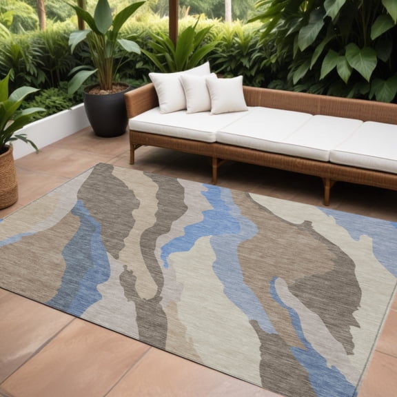 HomeRoots 601019 10 x 14 ft. Taupe, Tan & Blue Abstract Washable Indoor & Outdoor Rectangle Area Rug