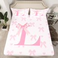 thumbnail image 2 of Pink Bow Fitted Sheet King Size with 2 Pillowcases,Princess Style Bowknot Love Hearts Girly Fairy Bed Sheet Set,Initial Letter L Chic Romantic Top Flat Sheet Microfiber Breathable, 2 of 6