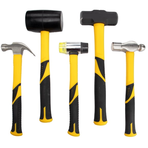 5-Piece forge/Polish Steel Head, Fiberglass Handle Set - 32oz Rubber Mallet | 16oz Claw & Ball-Peen Hammers | 3lb Sledge | 22oz Double-Faced Mallet