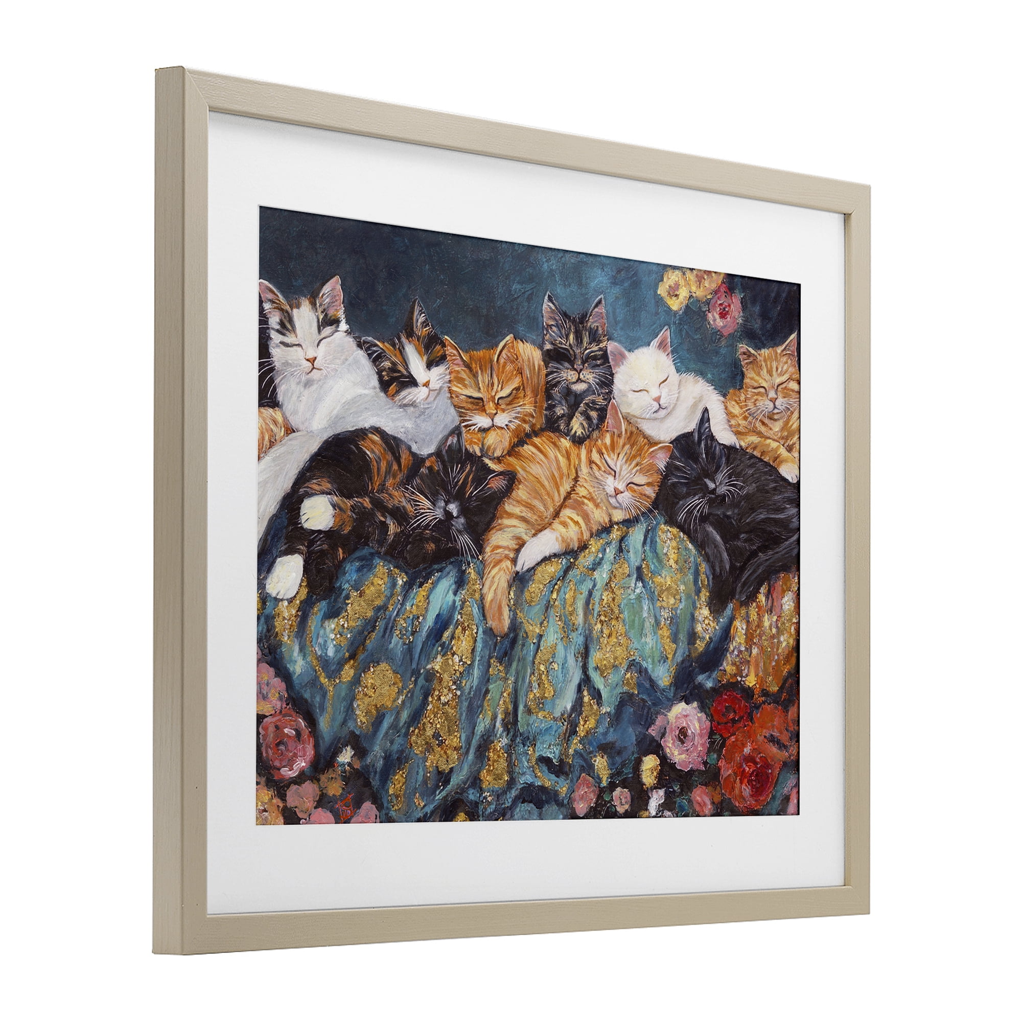 Sleepy Kitty Crowd with Flowers Birch Framed Print Under Glass, design by Sara Culpepper
