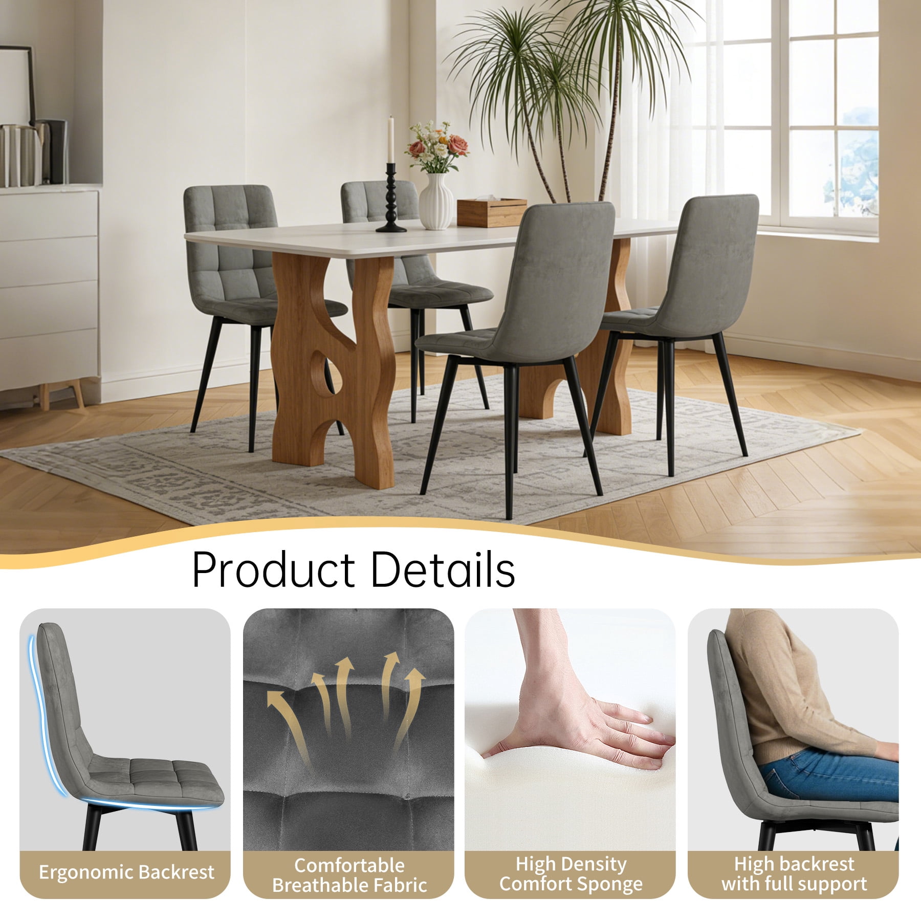 SHGJ&SOFT 360° Swivel Velvet Upholstered Dining Chairs Set of 4, Mid Century Modern Accent Chairs with L-Shaped Backrest, Adjustable Metal Legs for Kitchen Living Room(Gray1, 4pc)