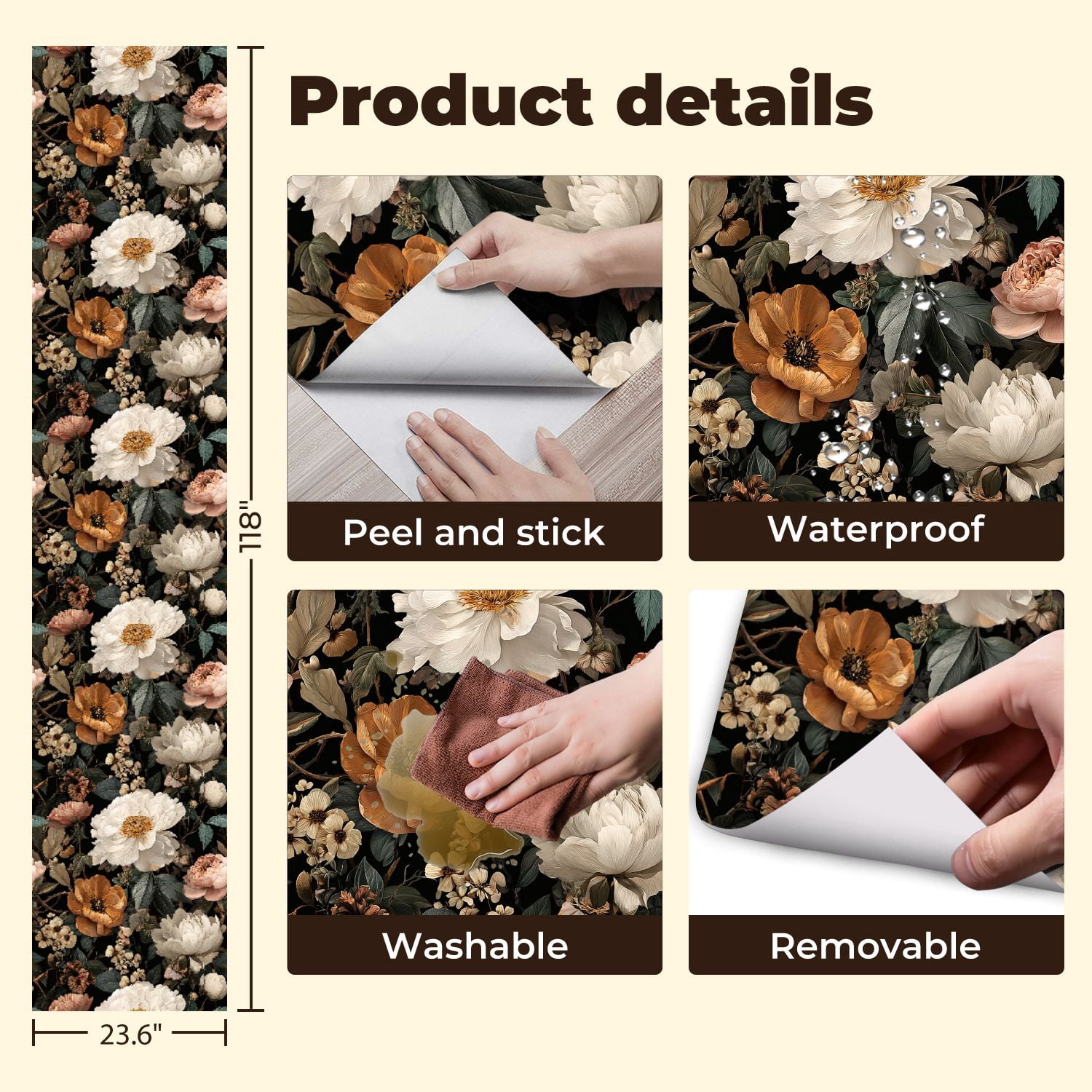 Peel and Stick Wallpaper Vintage Floral Peonies Blossoms Elegant Botanical Wall Mural 23.6in x 9.8ft Self Adhesive Removable Wall Paper Renter Friendly Wallpaper for Girls Women Bedroom Livingroom