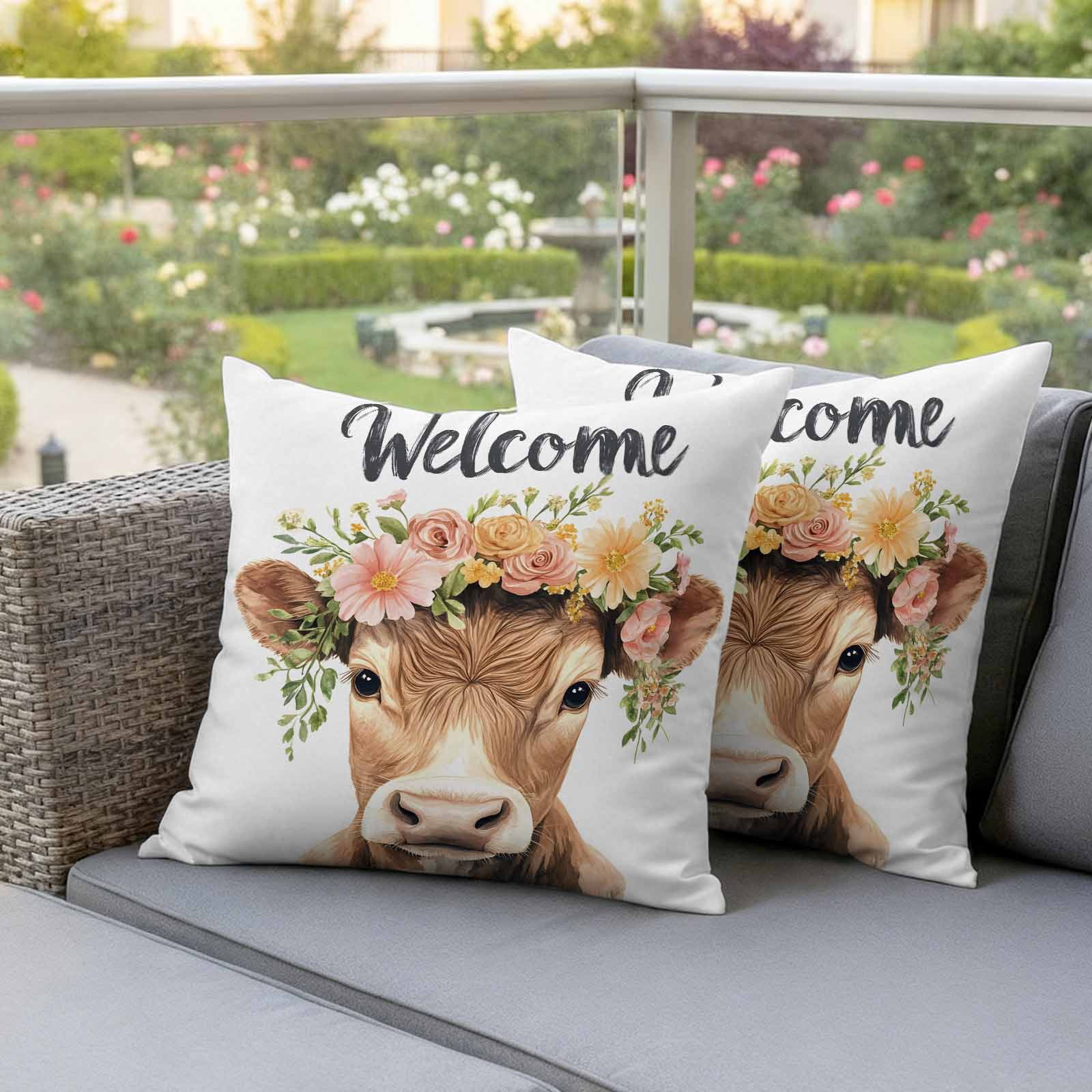 Cute Cow Pillow Covers 2 Pack Welcome Pillowcase Waterproof Outdoor Throw Pillow Cover for Patio Garden Square Cushion 20”x20”